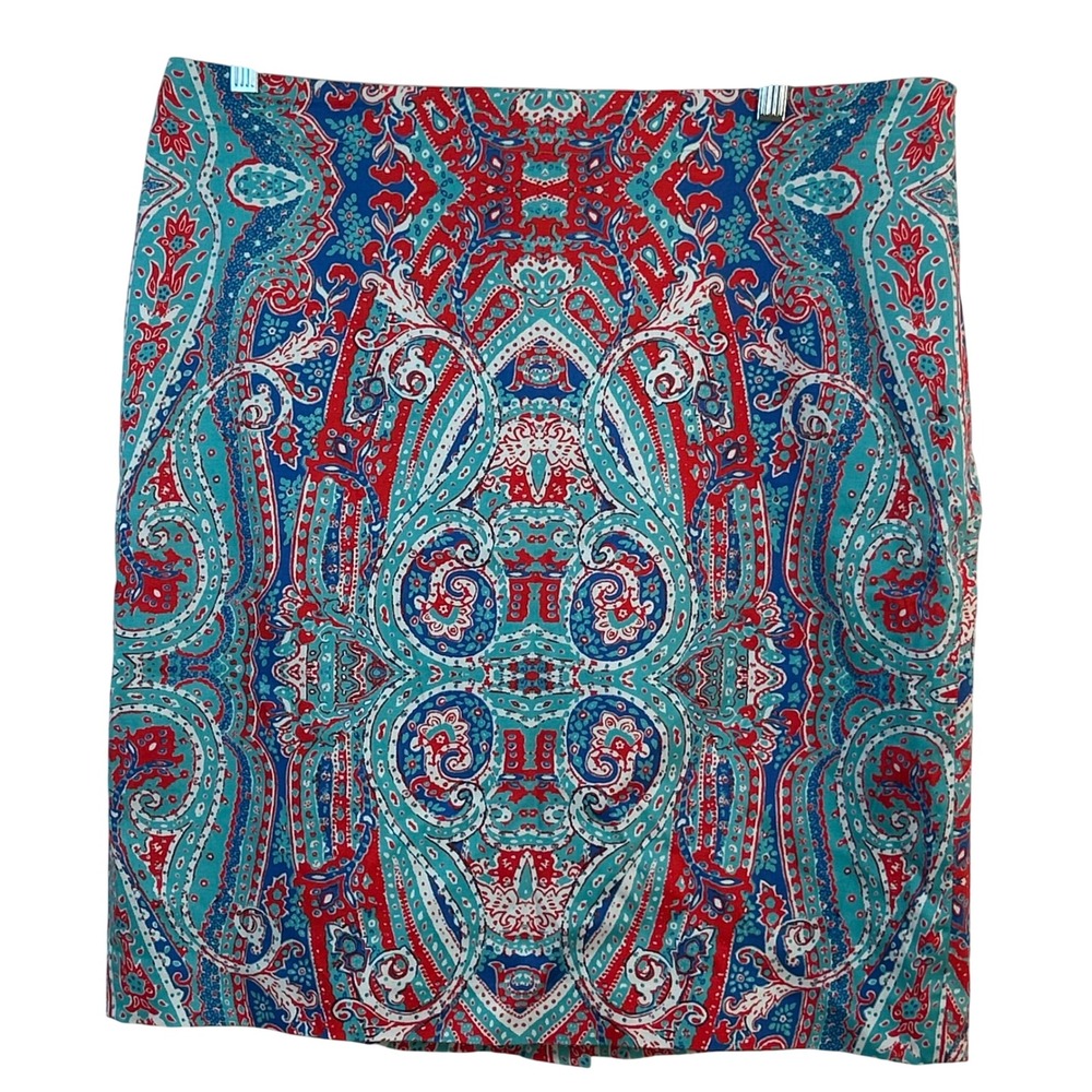 Jones New York Signature Paisley Pencil‎ Skirt Turquoise Coral Red Stretch 16